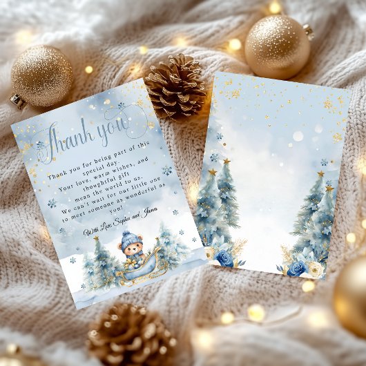 Carte De Remerciements Bébé il fait froid dehors Ours d'hiver │Bleu Or