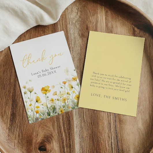 Carte De Remerciements Bébé Jaune En Fleur Baby shower Fleur sauvage plat