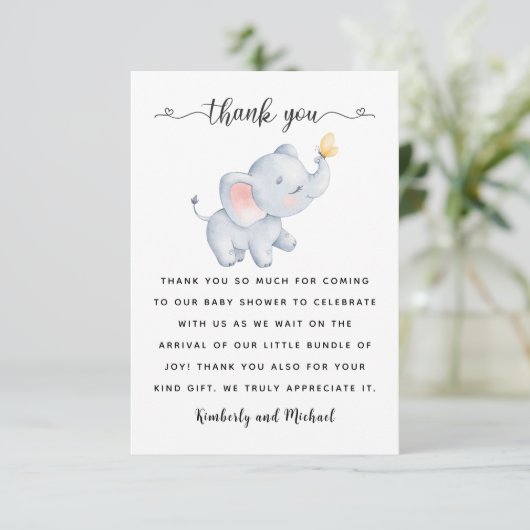 Carte De Remerciements Bébé mignon Eléphant Aquarelle Baby shower d'anniv (Debout devant)