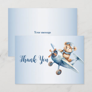 Carte De Remerciements Bébé mignon Ours Pilote Avion Bleu Beau