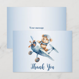 Carte De Remerciements Bébé mignon Ours Pilote Avion Bleu Beau