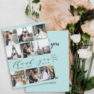 Carte De Remerciements Bébé moderne Calligraphie bleue 9 Photo Collage