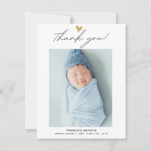 Carte de remerciements bébé photo de script modern (Devant)