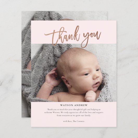 Carte de remerciements bébé photo de script modern (Devant / Derrière)