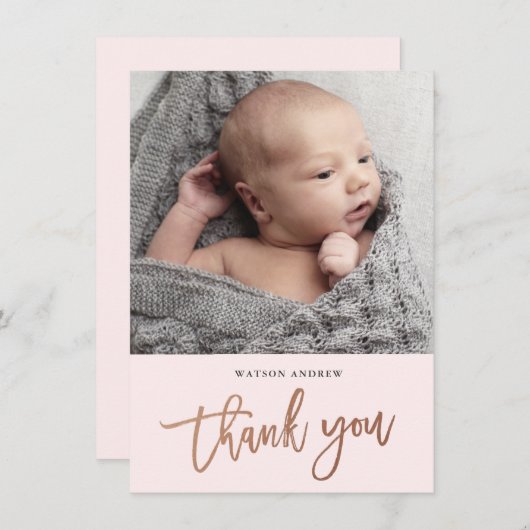 Carte de remerciements bébé photo de script modern (Devant / Derrière)