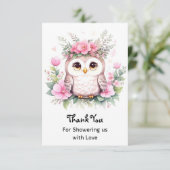 Carte De Remerciements Bébé rose Hibou Douche fille (Debout devant)
