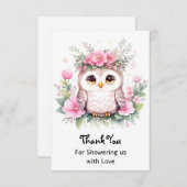 Carte De Remerciements Bébé rose Hibou Douche fille (Devant / Derrière)