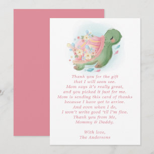 Carte De Remerciements Bébé Rose Tortue de Mer Florale Baby Shower