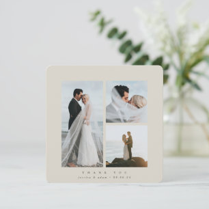 Carte De Remerciements Beige Elegant Carré Trois Photo Mariage plat