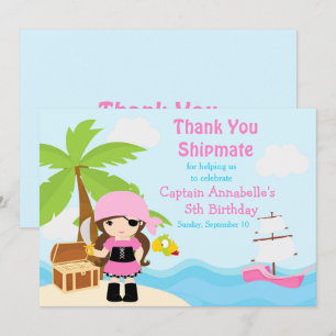 Carte De Remerciements Belle Brunette Pirate Girl Anniversaire