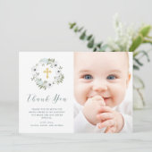 Carte De Remerciements Belle flore grise et blanche| Baptême photo (Debout devant)