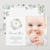 Carte De Remerciements Belle flore grise et blanche| Baptême photo (Devant / Derrière)
