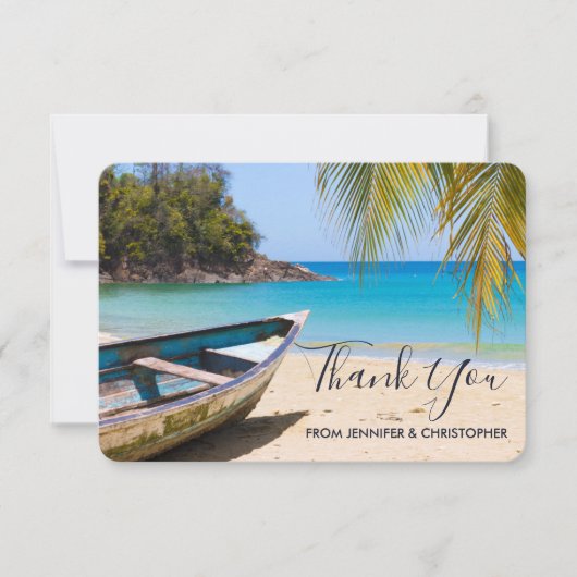Carte De Remerciements Belle plage tropicale avec un Mariage en bateau (Devant)