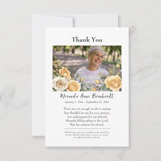 Carte De Remerciements Belle Roses Jaunes Photo Funérailles Orthodoxes (Devant)