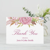 Carte De Remerciements Belles Fleurs Roses Avec Feuilles (Debout devant)