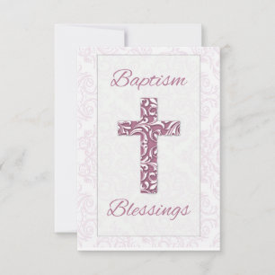 Carte De Remerciements Bénédictions de baptême fille Croix rose Damassé T