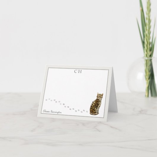 Carte De Remerciements Bengale Chat Gris Bordure Monogramme Nom plié (Devant)