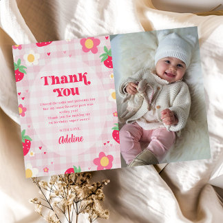 Carte De Remerciements Berry First Cute 1st Birthday Strawberry Photo