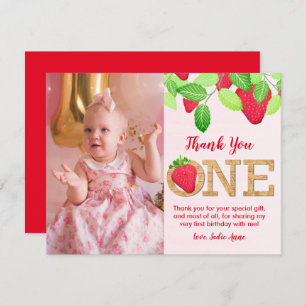 Carte De Remerciements Berry Sweet Red Strawberry 1st Birthday Girl Photo