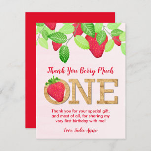 Carte De Remerciements Berry Sweet Red Strawberry 1st Birthday Girl Photo