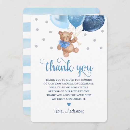 Carte De Remerciements Beurre d'ours en argent bleu beaucoup Baby shower (Devant / Derrière)