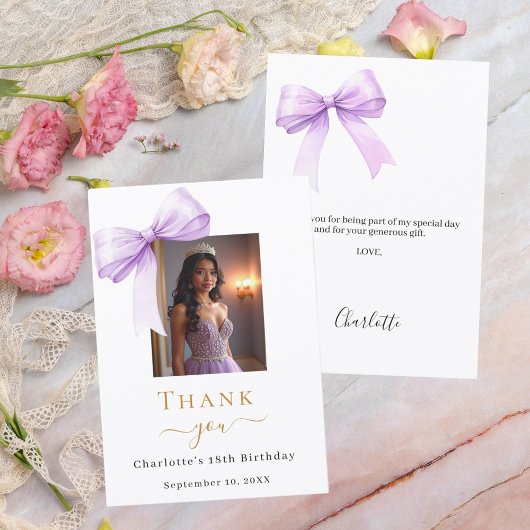 Carte De Remerciements Birthday photo bow lavender