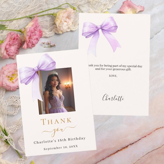 Carte De Remerciements Birthday photo bow lavender ivory