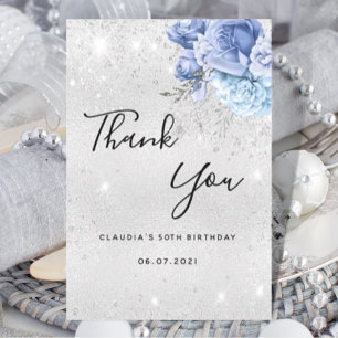 Carte De Remerciements Birthday silver glitter dust blue floral