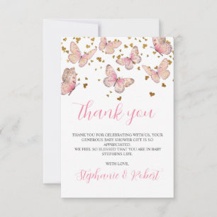 Carte De Remerciements Bisous de papillon rose et or Baby Shower 