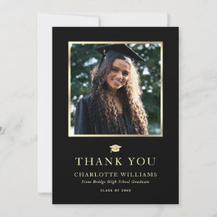 Carte De Remerciements Black and Gold Elegant Moderne Photo Graduation