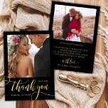 Carte De Remerciements Black and Gold Huge Gold Script 2 Mariage photo<br><div class="desc">Moderne Whimsical Boho Chic Huge Gold Calligraphy Script 2 Mariage photo Carte de remerciements. Un mariage élégant merci modèle avec une photo pleine verticale sur le devant avec le texte "Merci" dans une main tourbillonnant fantaisie lettrage typographie swash tail police script faux feuille or sur arrière - plan noir. À...</div>
