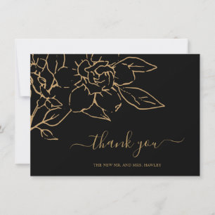 Carte De Remerciements Black and Gold LIne Art Floral Mariage élégant