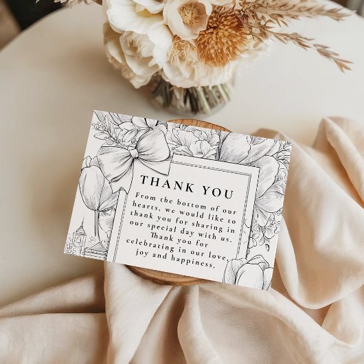 Carte De Remerciements Black and White Floral Bow Wedding