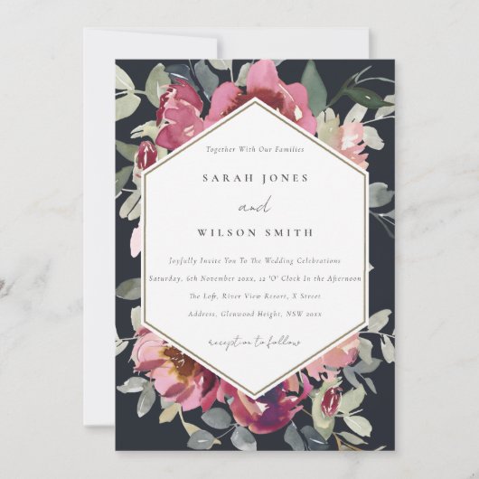 CARTE DE REMERCIEMENTS BLACK BLUSH BURGUNDY ROSE FLORAL INVITE (Devant)
