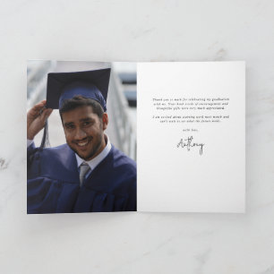 Carte De Remerciements Black Elegant Script Graduation Photo+Message