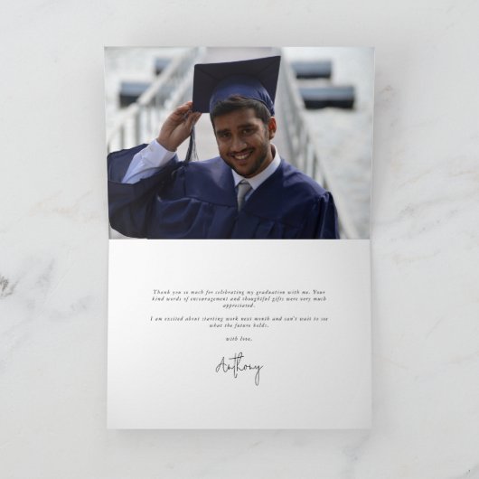 Carte De Remerciements Black Elegant Script Graduation Photo + Message (Intérieur)