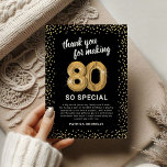Carte De Remerciements Black Gold 80e anniversaire adulte<br><div class="desc">Elégante fête de quatre-vingts ans merci cartes avec un arrière - plan noir élégant qui peut être changée à n'importe quelle couleur,  parties scintillant brillante or,  quatre-vingts ballons d'hélium or,  et un modèle de remerciement moderne qui est facile à personnaliser.</div>