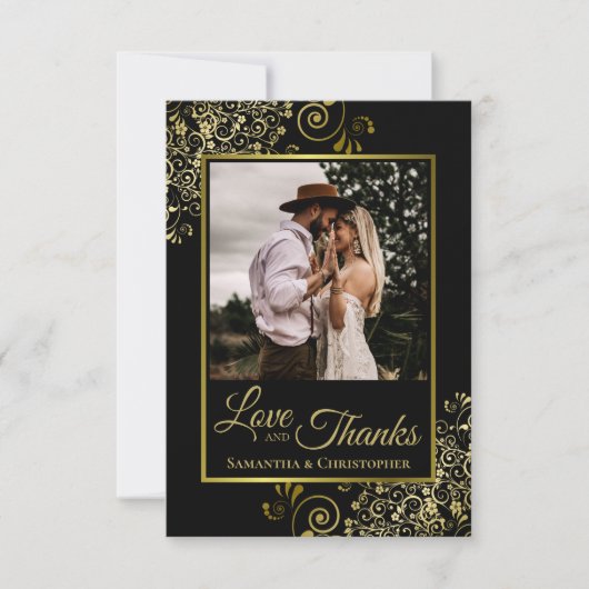 Carte De Remerciements Black & Gold Love & Thanks Photo & Note Mariage (Devant)