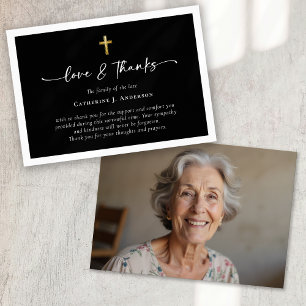 Carte De Remerciements Black Gold Simple Script Cross Photo Funérailles