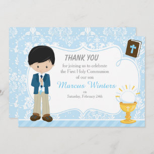Carte De Remerciements Black Hair Boy First Communion Damask