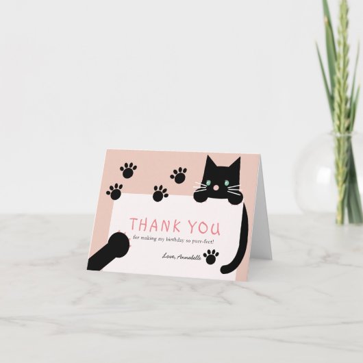 Carte De Remerciements Black Kitty Chat Girl rose Anniversaire (Devant)