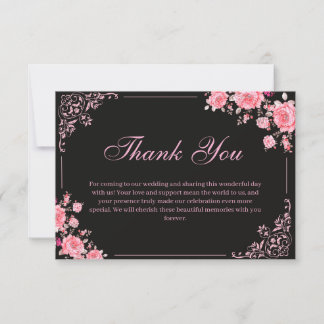 Carte De Remerciements Black & Pink Floral Wedding Thank You Card