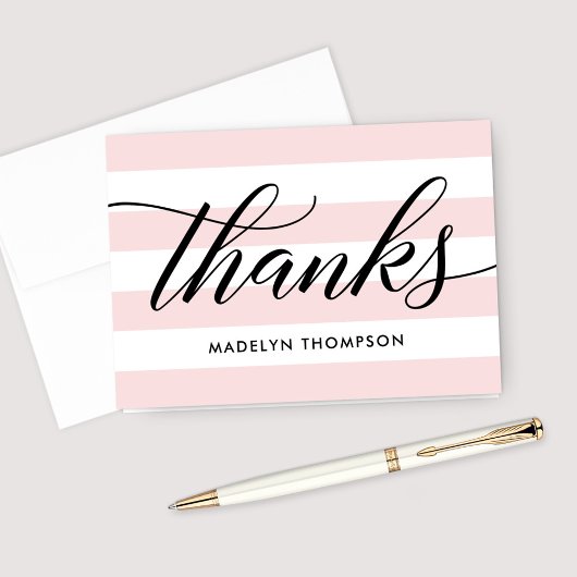 Carte De Remerciements Black Script Pale Pink Stripes Wedding