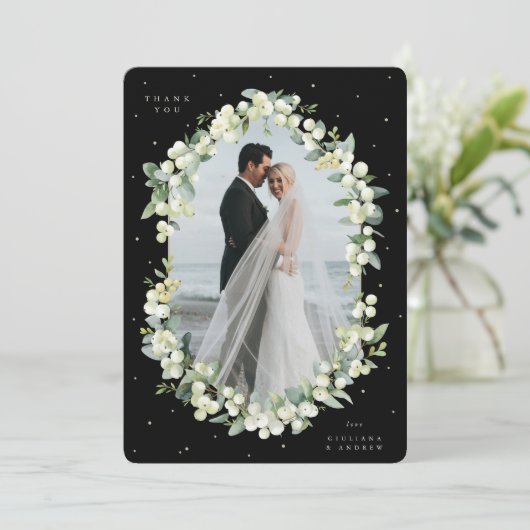 Carte De Remerciements Black Snowberry+Eucalyptus Mariage Flat Photo (Debout devant)