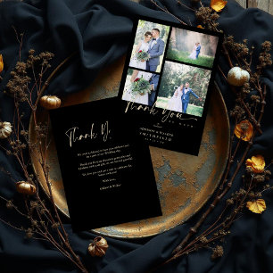 Carte De Remerciements Black Trendy Collage Mariage 4 Photos