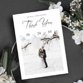Carte De Remerciements Black Whimsical Script Typography Photo Wedding