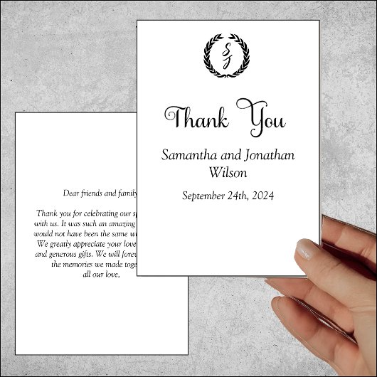 Carte de remerciements blanc de monogramme élégant