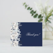 Carte de remerciements blanc fleur sakura bleu mar (Debout devant)