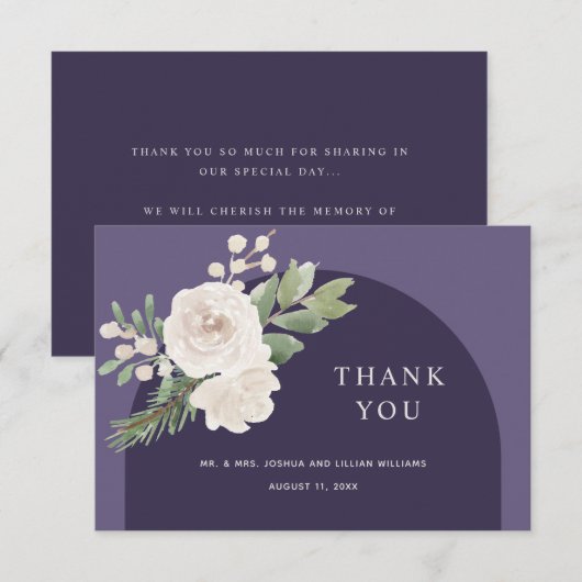 Carte De Remerciements Blanc Floral hiver Botanique violet Mariage (Devant / Derrière)
