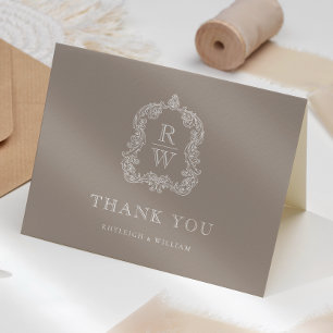 Carte De Remerciements Blason de monogramme élégant Taupe Mariage